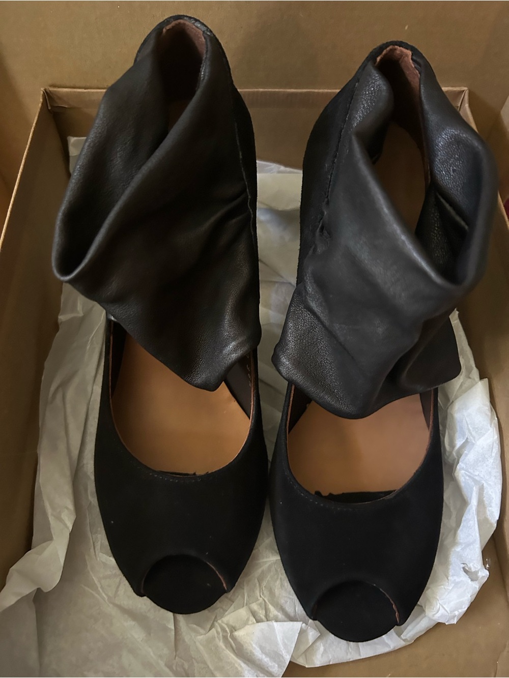 COCLICO Black Fold-Over Peep-Toe Ankle Heels